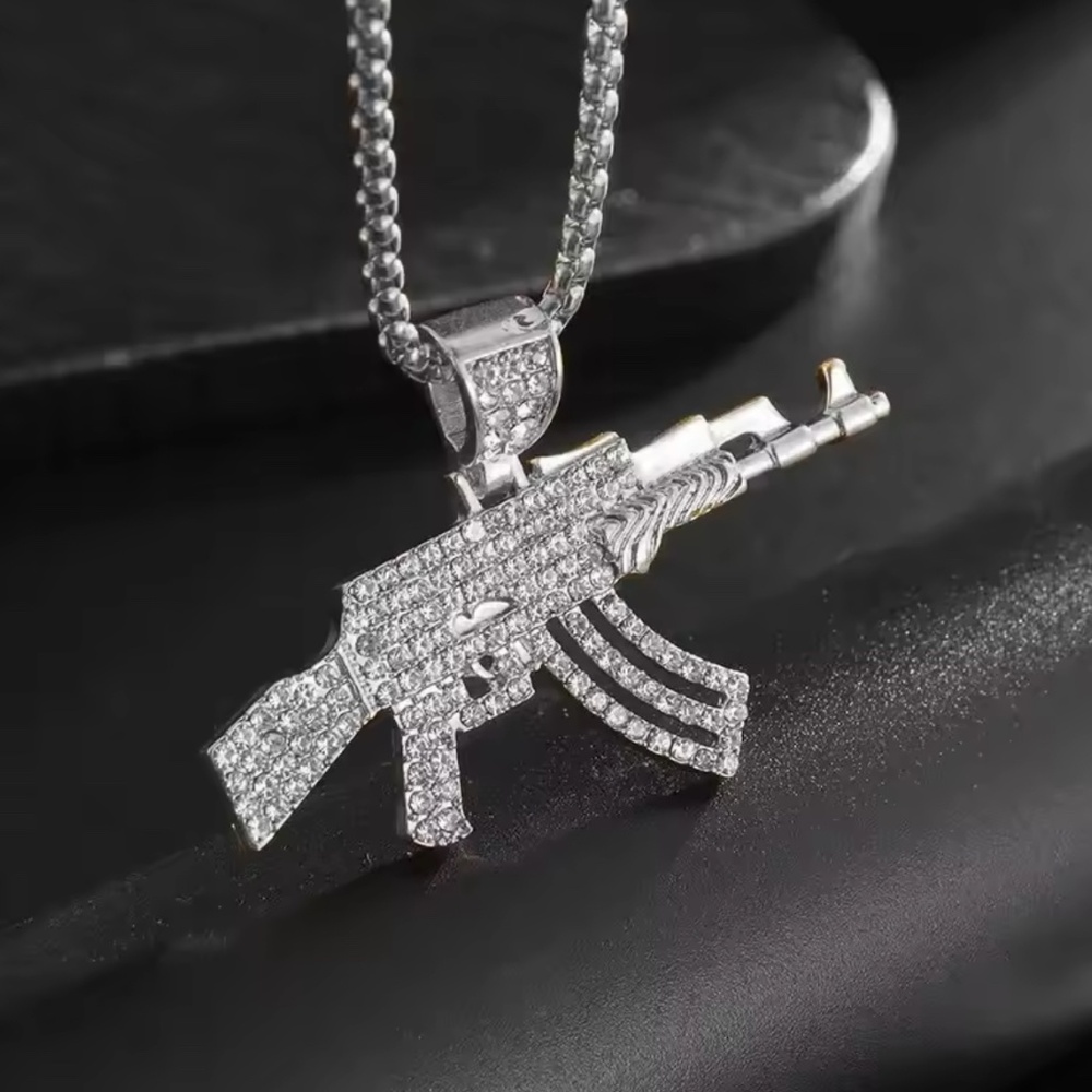Silver tone Iced out AK-47 pendant 3A CZ hip hop rapper jewelry chain included